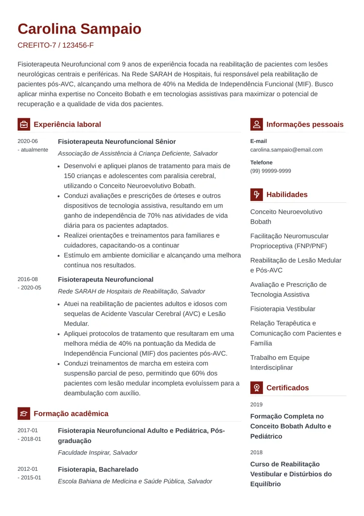 Currículo de fisioterapeuta neurofuncional com modelo