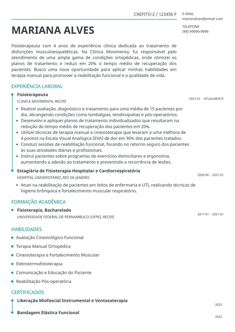 modelo de currículo de fisioterapeuta feito no gerador da Zety