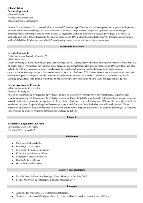 modelo de currículo de gerente de produção