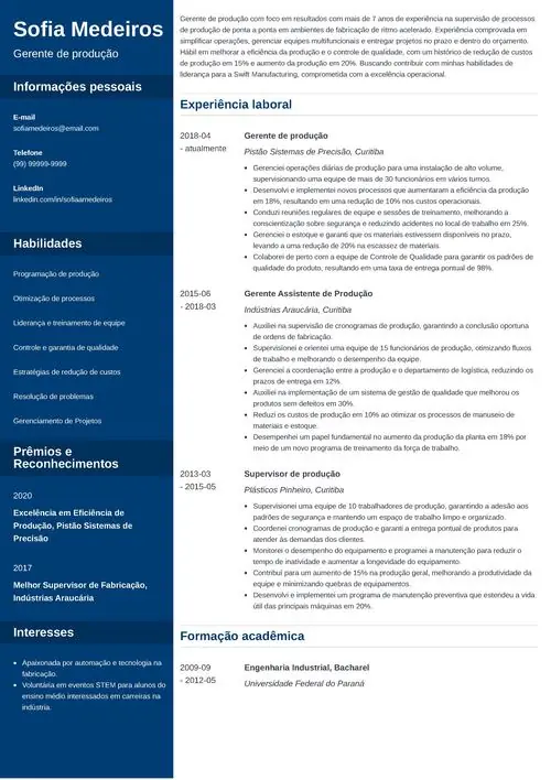 modelo de currículo de gerente de produção