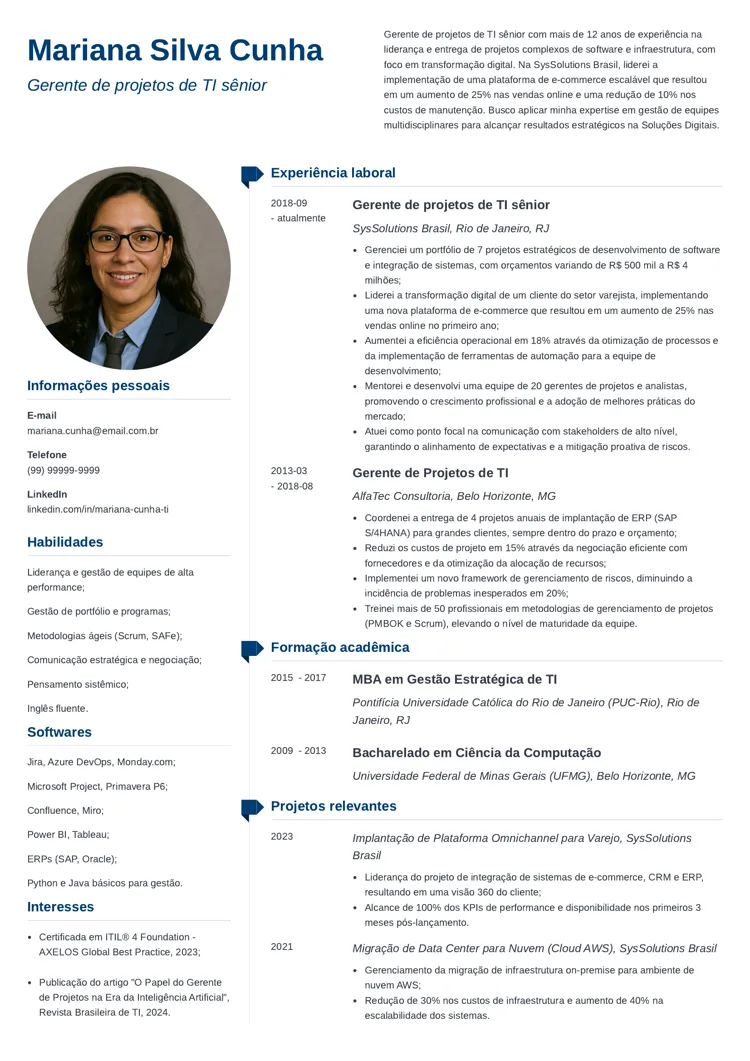 exemplo de currículo de gerente de projetos de TI experiente