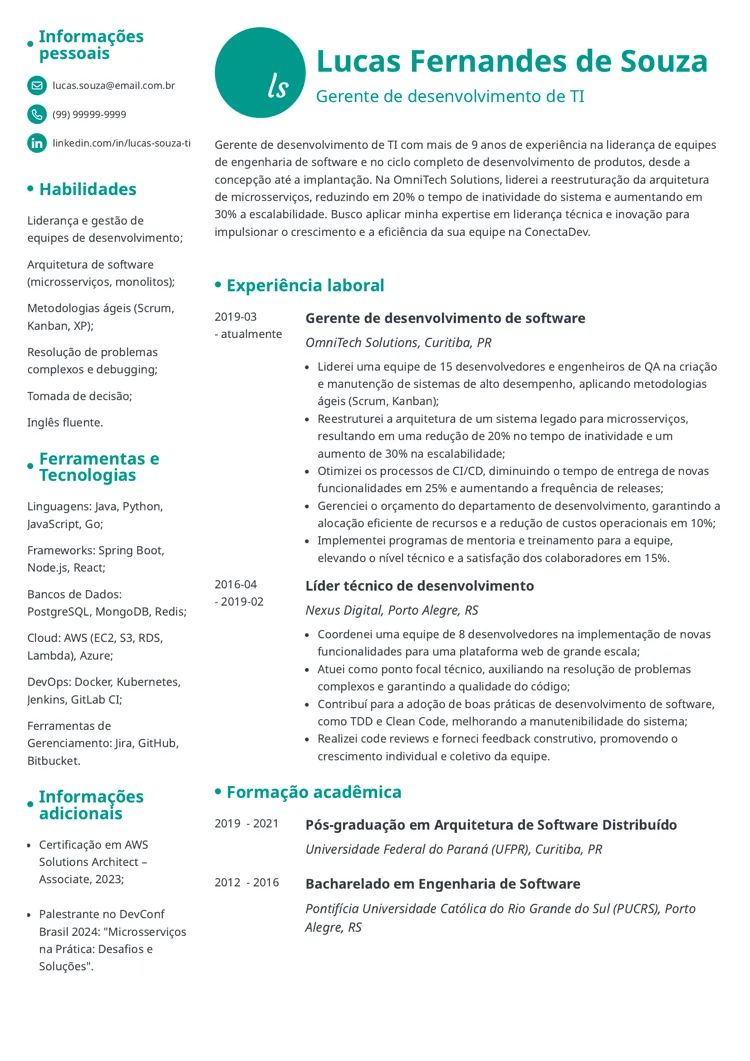 Exemplo de currículo de gerente de desenvolvimento de TI
