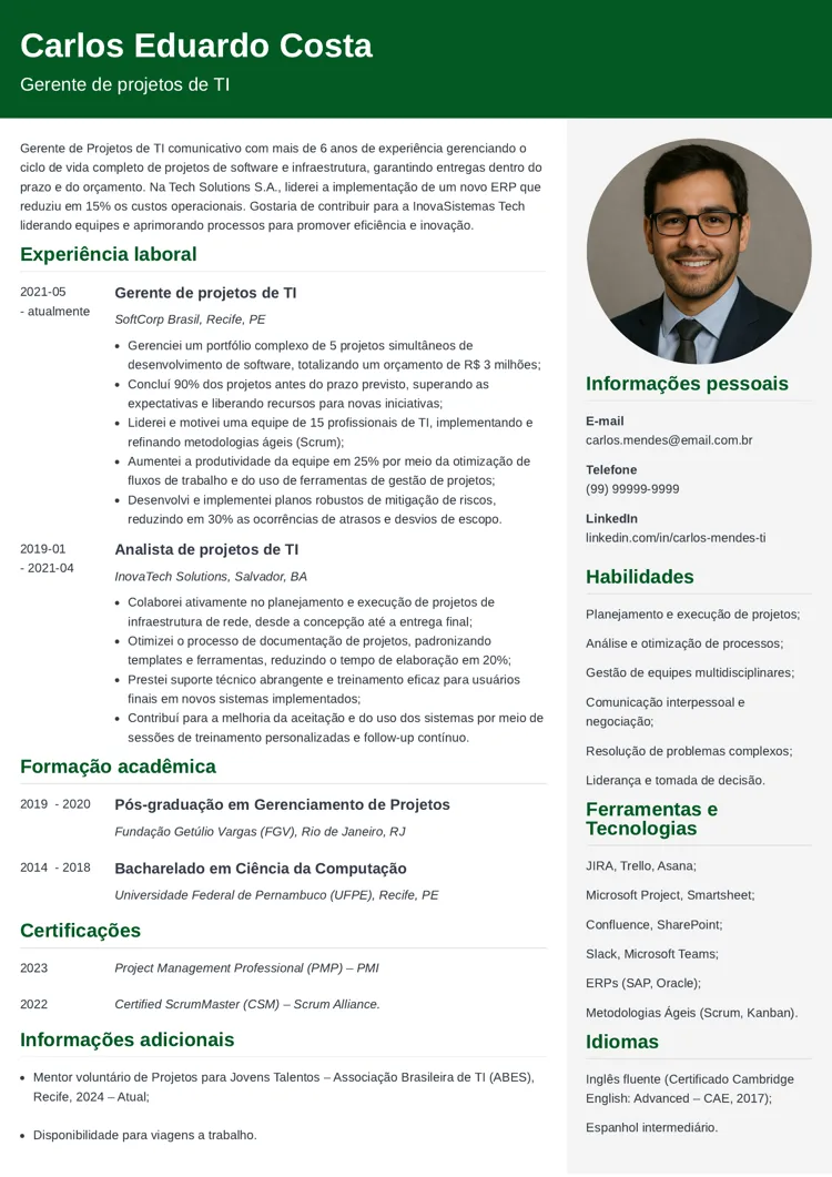 exemplo de currículo de gerente de TI