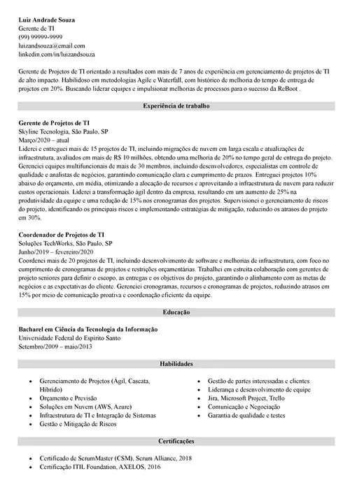 modelo de currículo de gerente de projetos de TI