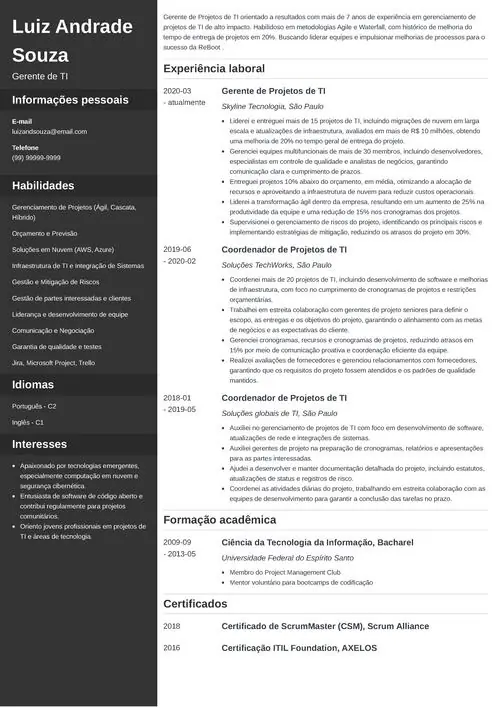 modelo de currículo de gerente de projetos de TI