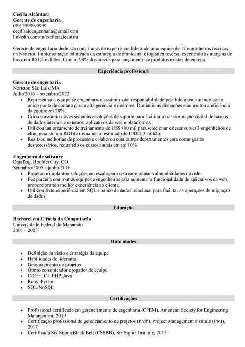 modelo de currículo de gerente de engenharia