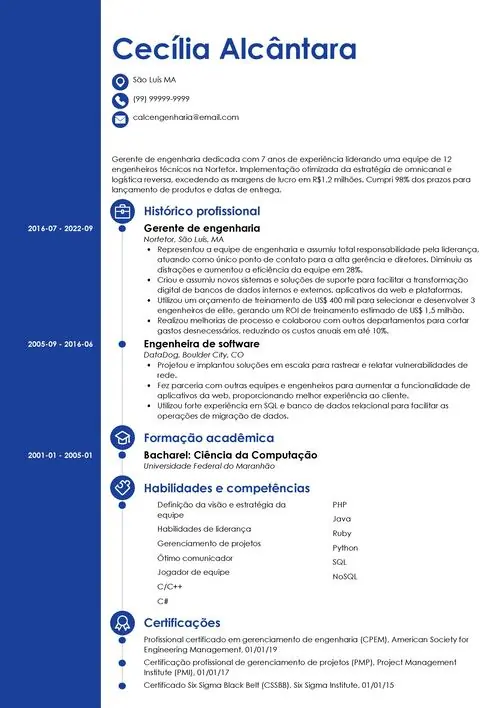 modelo de currículo de gerente de engenharia