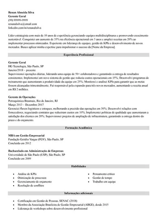 modelo de currículo para gerente geral