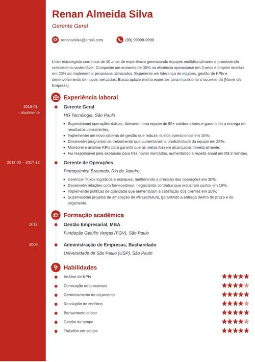 modelo de currículo para gerente geral