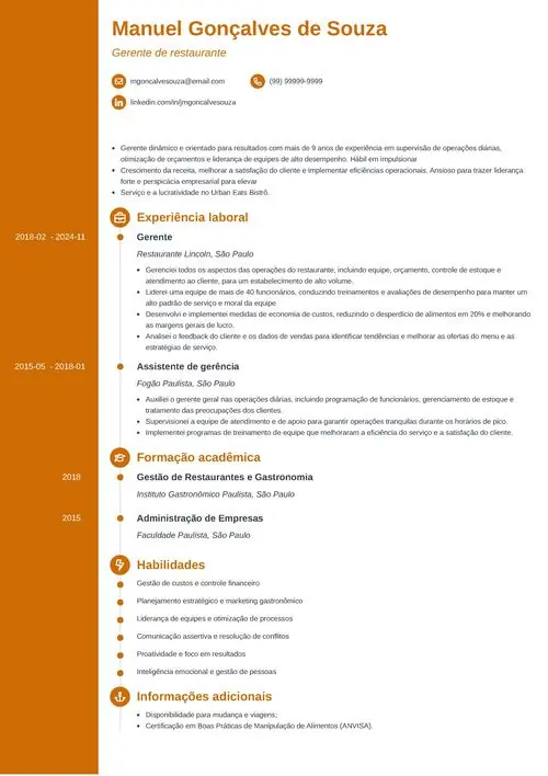 modelo de currículo de gerente de restaurante