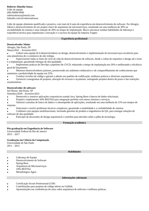 modelo de CV para líder de equipe