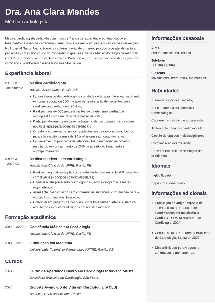 exemplo de currículo médico