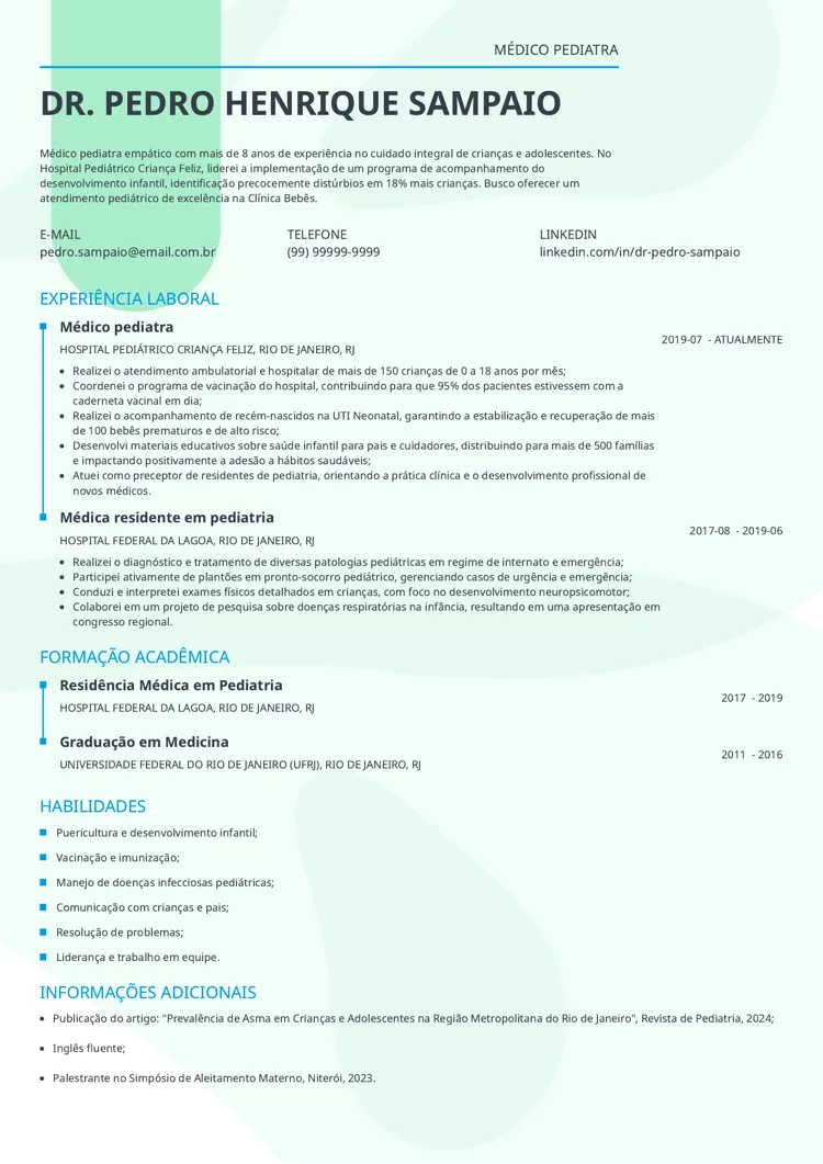  modelo de currículo de médico pediatra