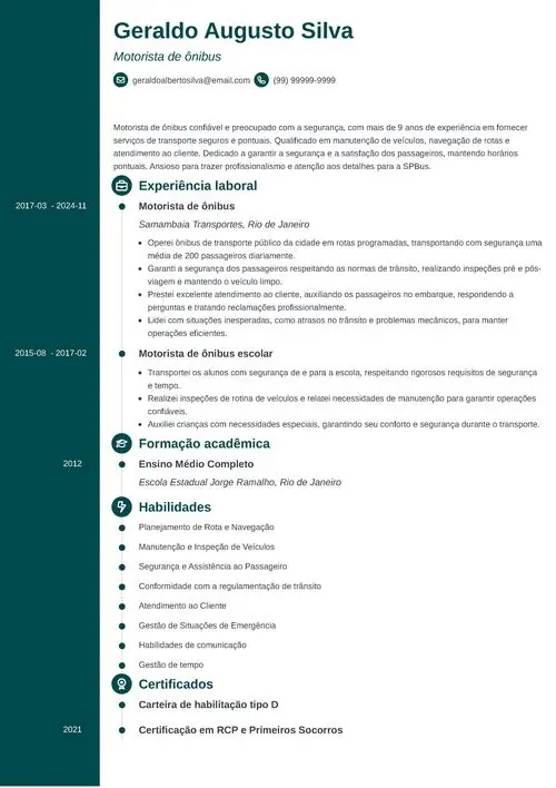 modelo de currículo de motorista de ônibus