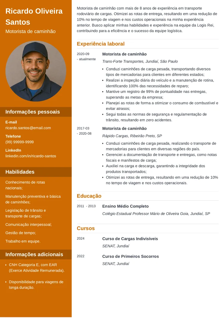 exemplo de currículo de motorista de caminhão