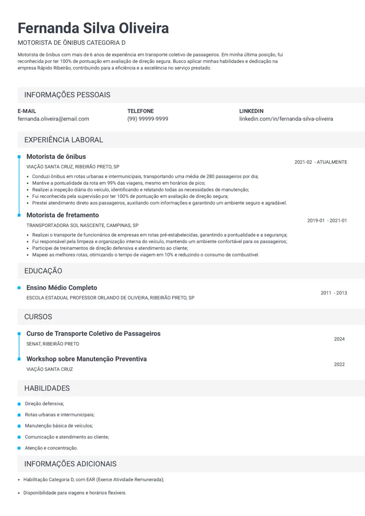 exemplo de currículo para motorista de ônibus