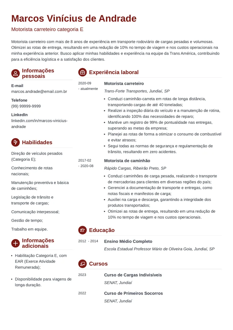 exemplo de currículo para motorista carreteiro