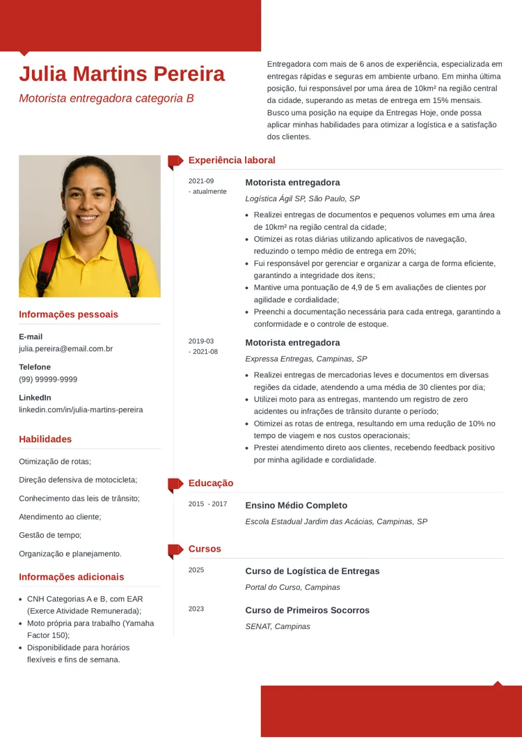 exemplo de currículo para motorista entregador