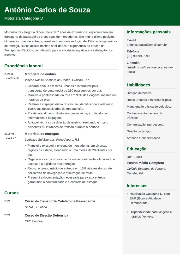 exemplo de currículo de motorista