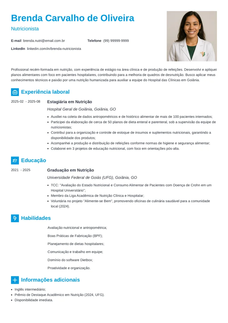 currículo de nutricionista recém-formada