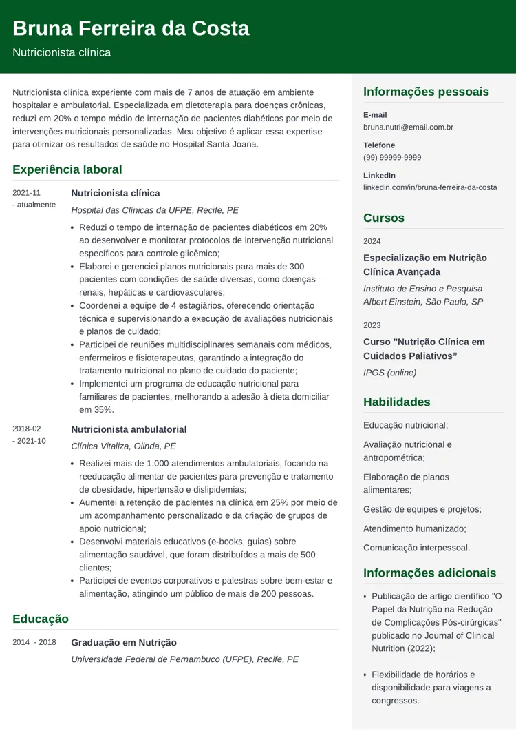 currículo para nutricionista clínica