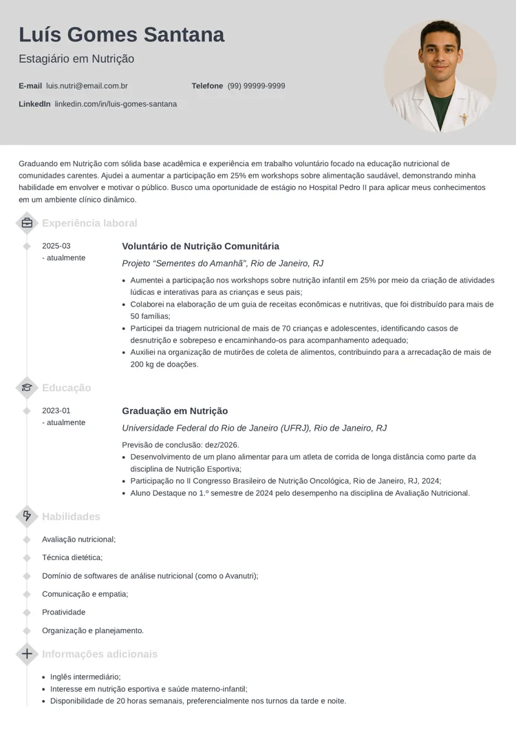 currículo para estágio de nutrição