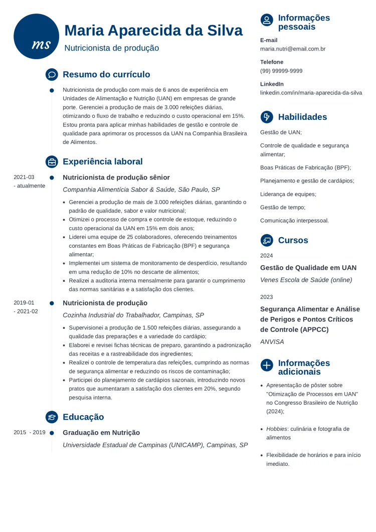 currículo de nutricionista de produção (UAN)