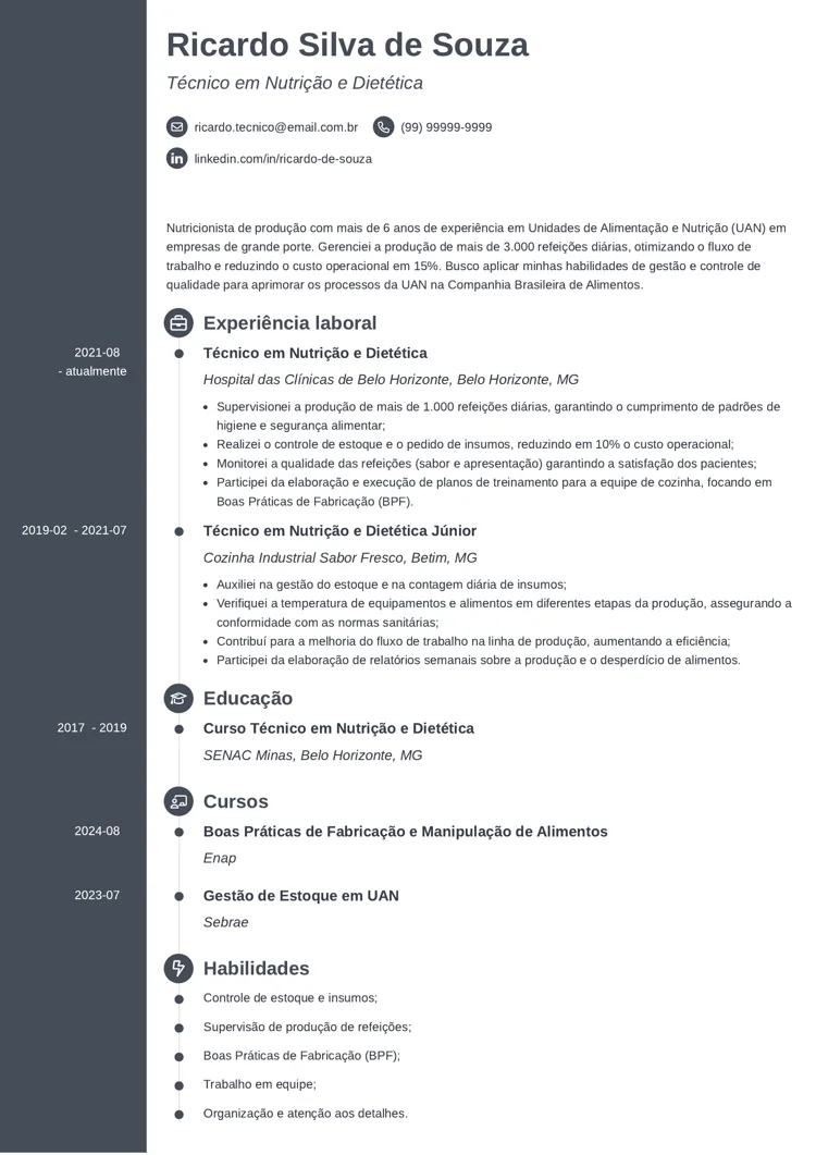 currículo de técnico em nutrição e dietética