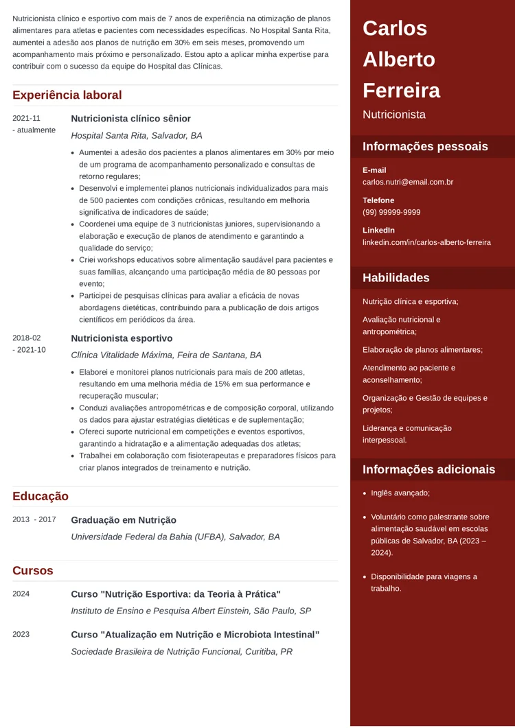 modelo de currículo de nutricionista