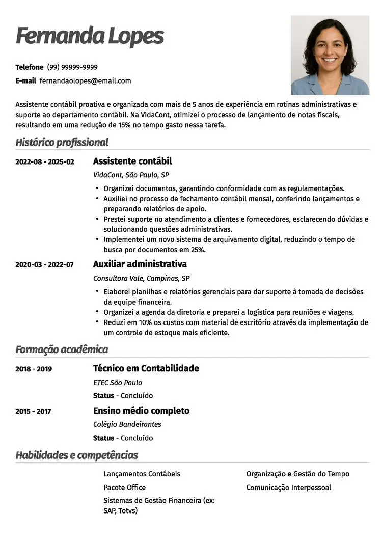 currículo com modelo profissional e foto criado no gerador da Zety
