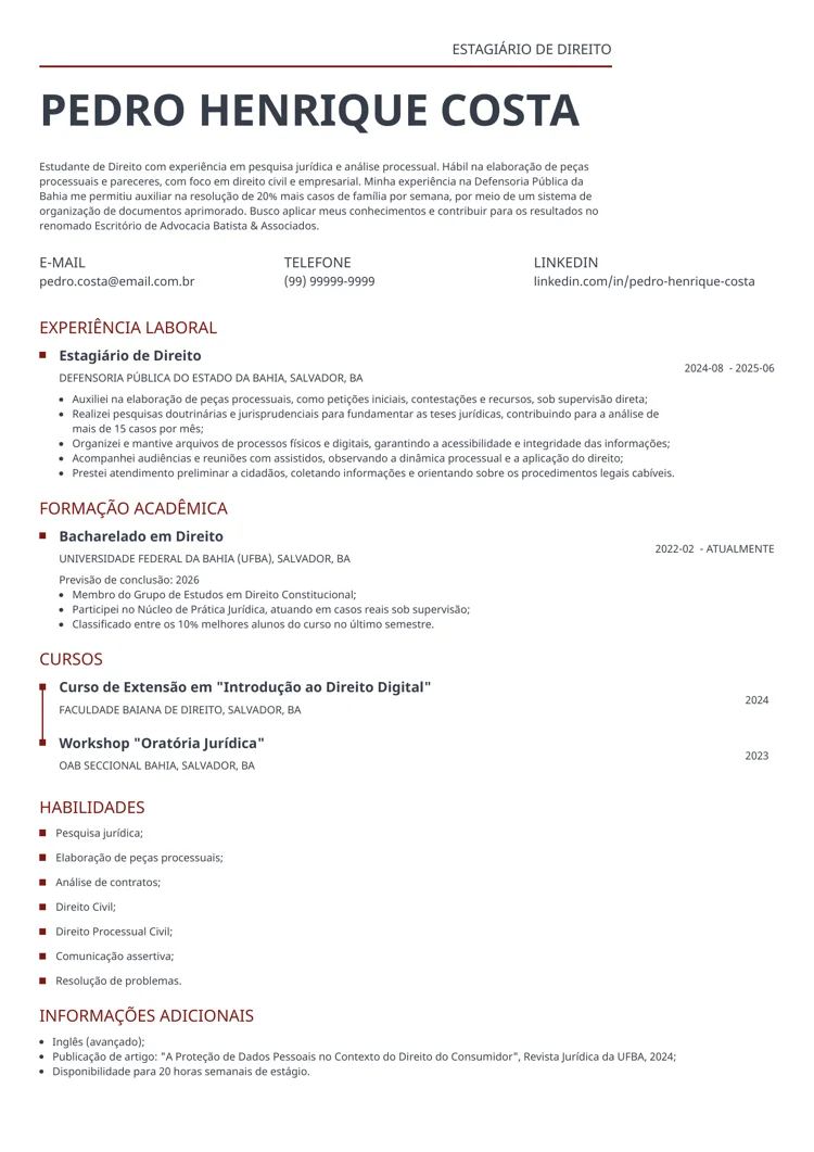 exemplo de currículo para estágio de Direito