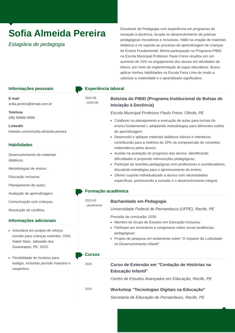 modelo de currículo para estágio em pedagogia