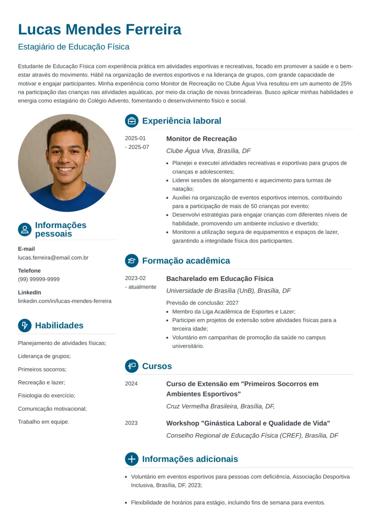 modelo de currículo para estágio de educação física