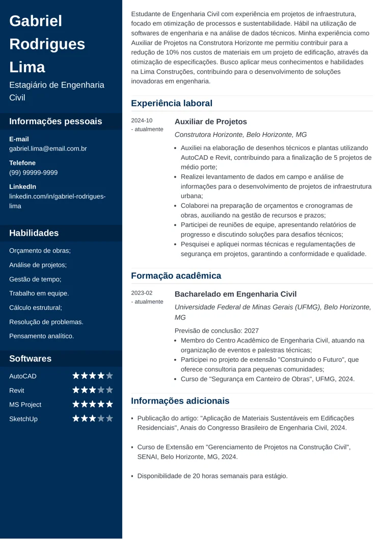  exemplo de currículo para estágio de engenharia civil