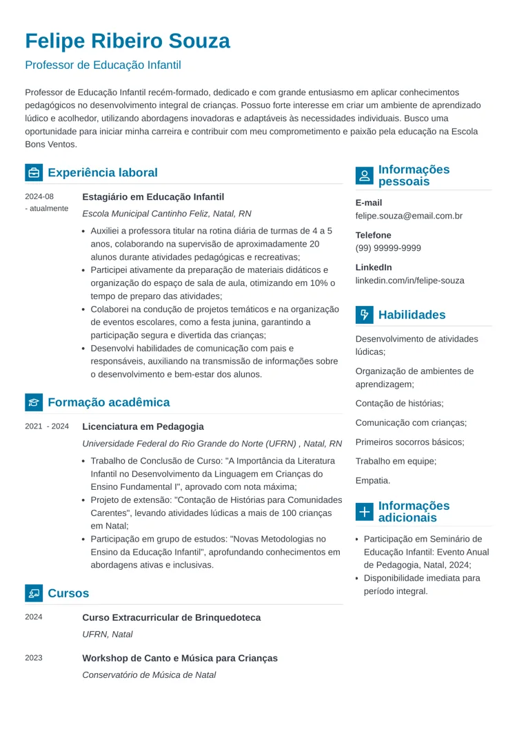  exemplo de currículo de professor de Educação Infantil iniciante