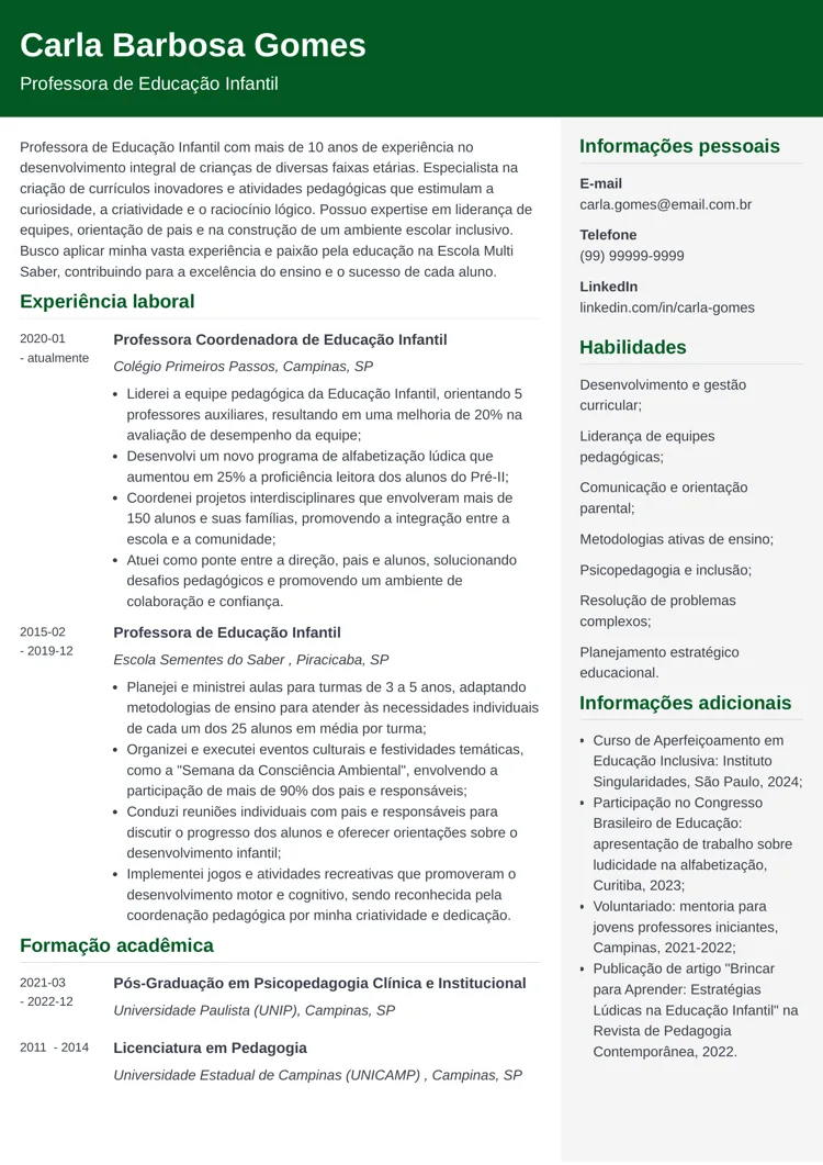 exemplo de currículo de professor bilíngue de Educação Infantil