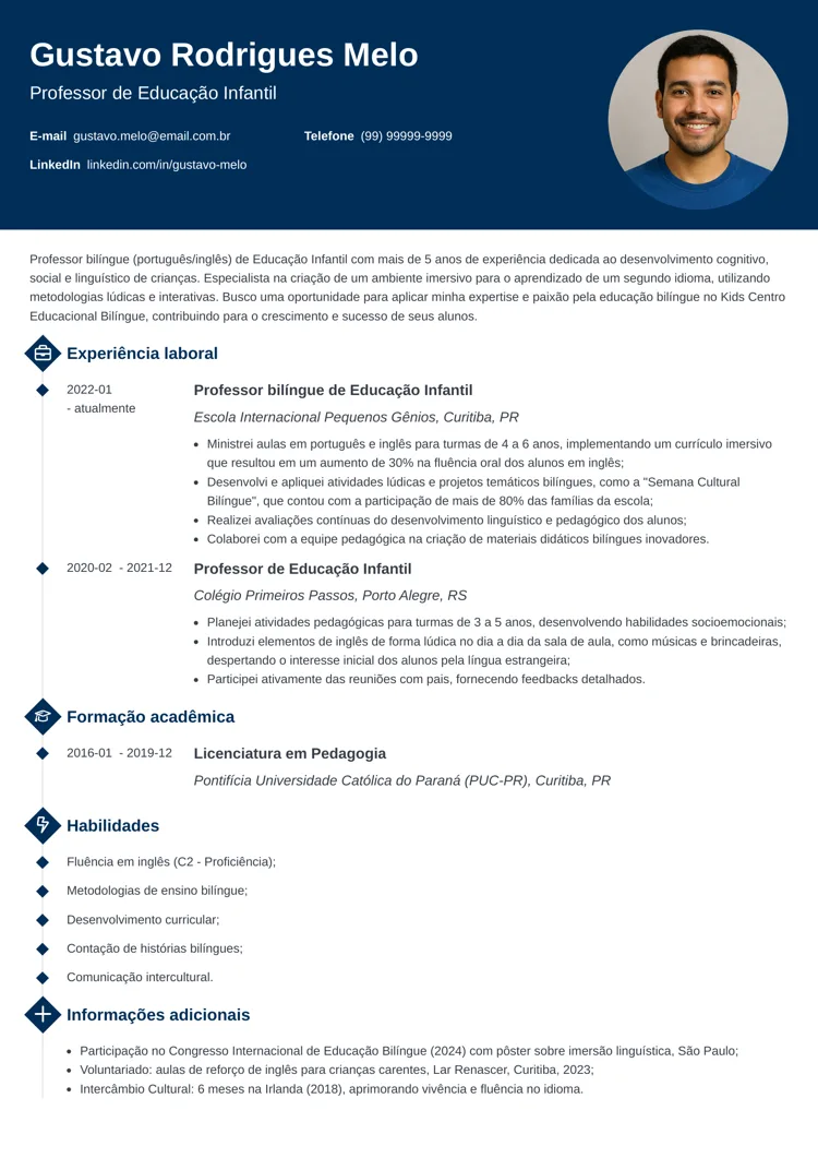 exemplo de currículo de professor bilíngue de Educação Infantil