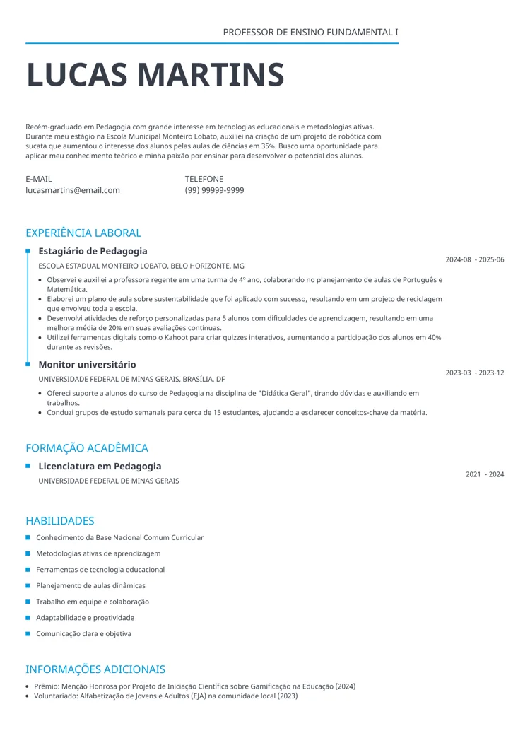 modelo de currículo para professor iniciante