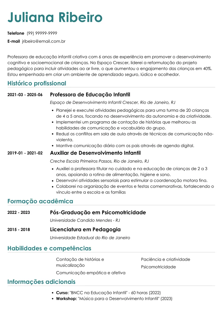 currículo de professora de educação infantil
