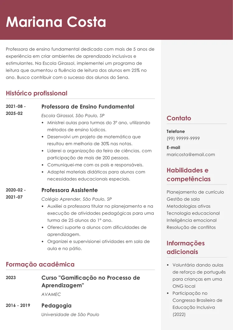 currículo de professor ensino fundamental