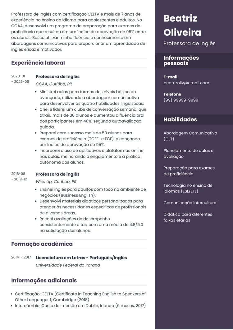 modelo de CV de professor de inglês