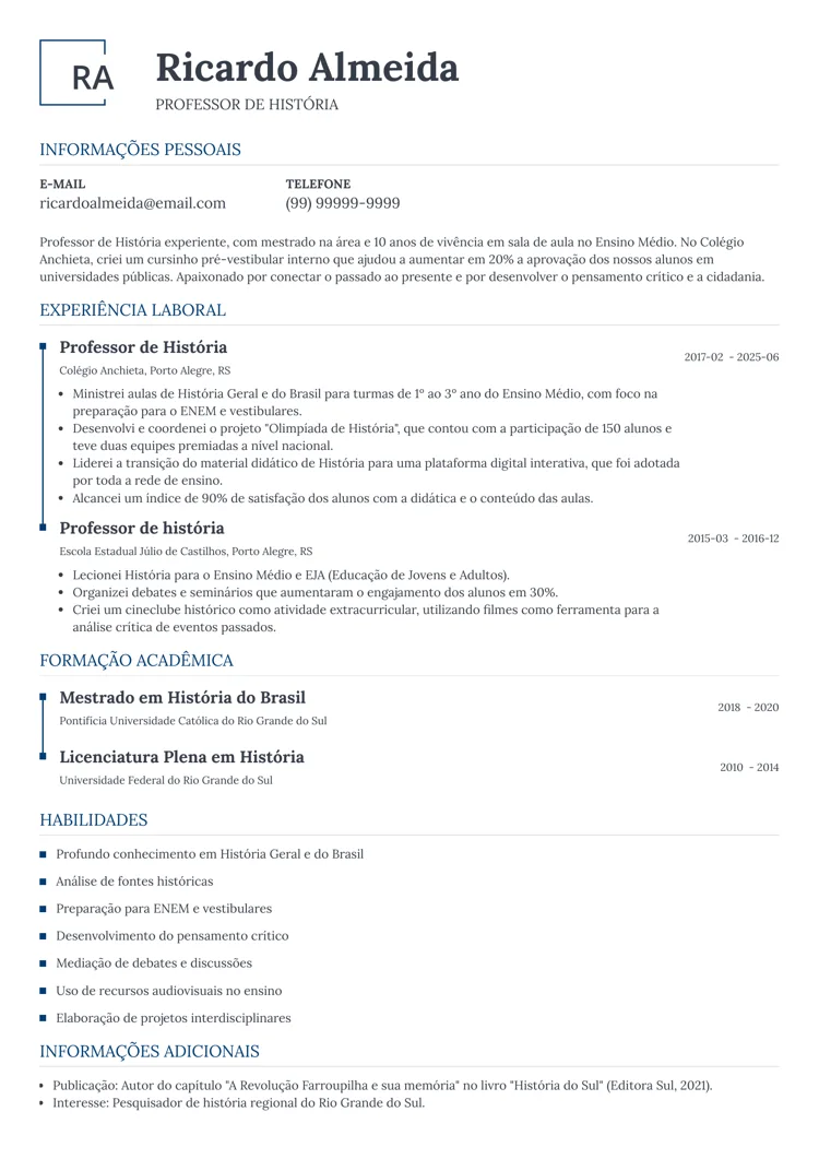 currículo de professor de ensino médio