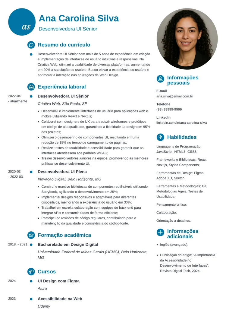 modelo de currículo de desenvolvedor UI