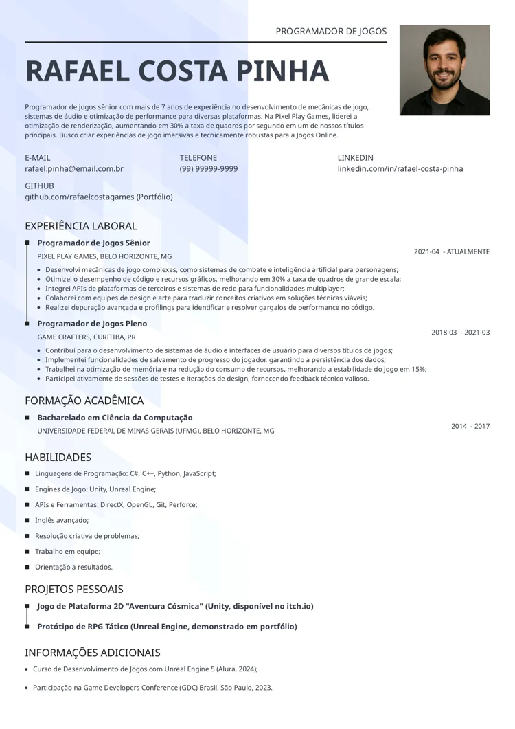 modelo de currículo para programador de jogos