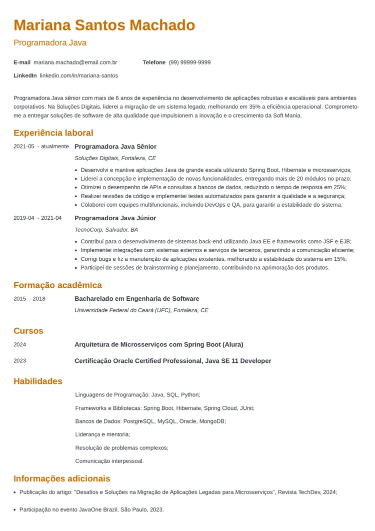 Modelo de currículo de programador Java
