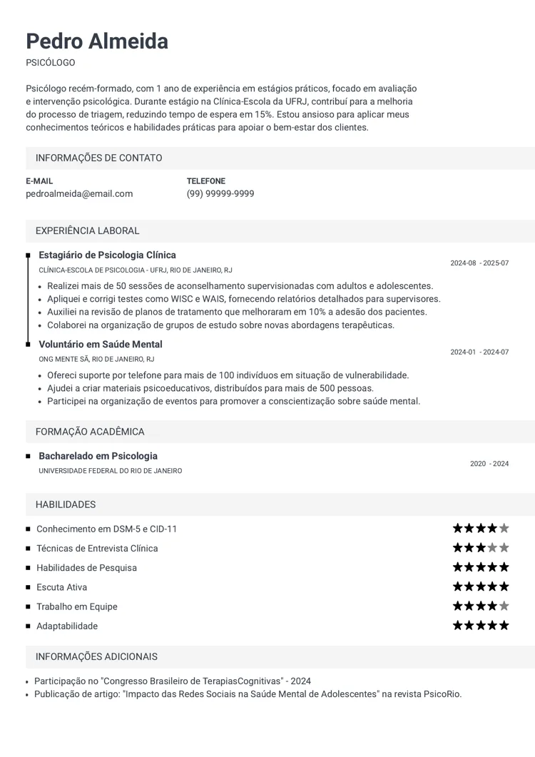 modelo de currículo de psicólogo recém-formado