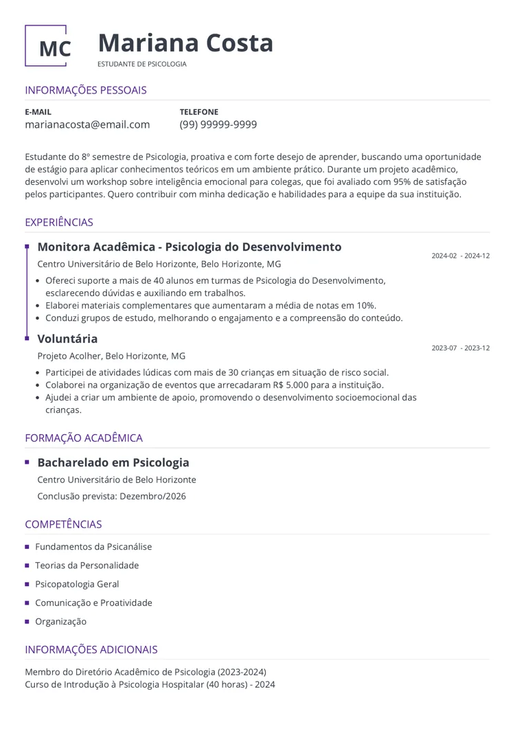 Modelo de currículo para estágio em psicologia