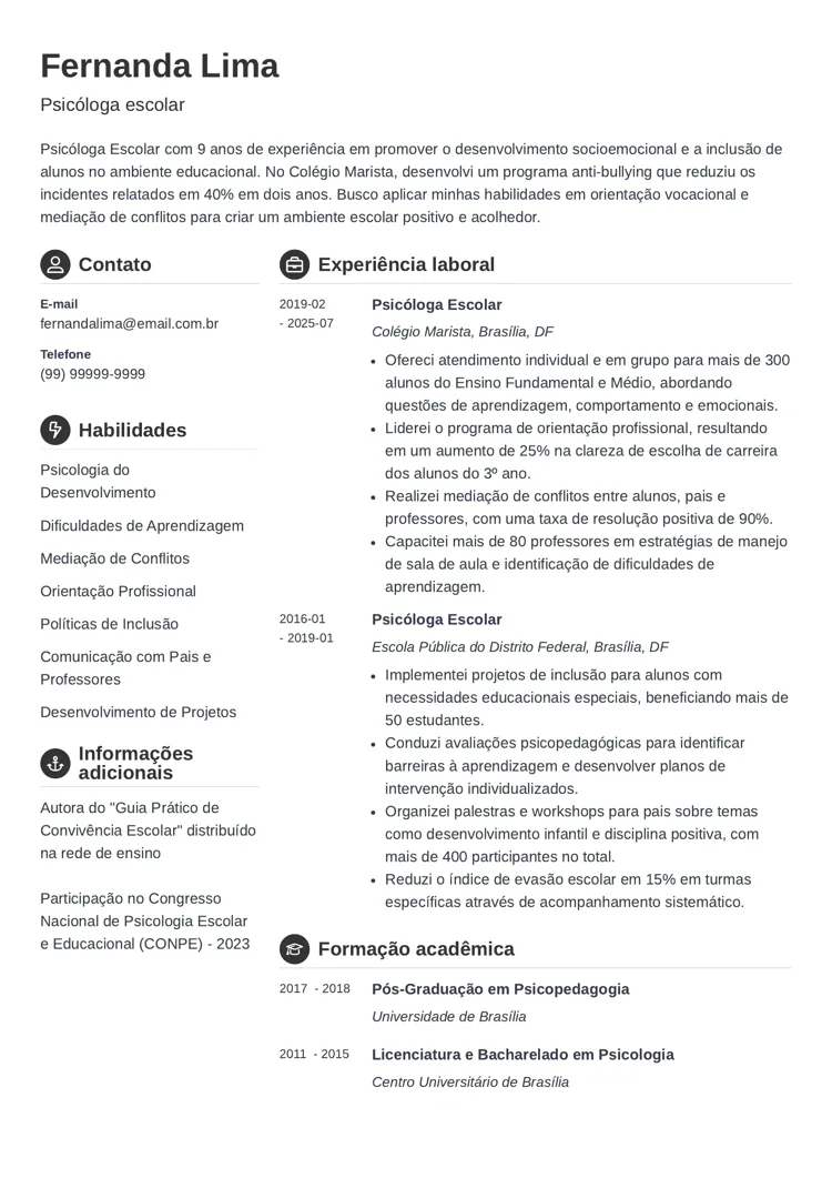 Modelo de currículo para de psicólogo escolar