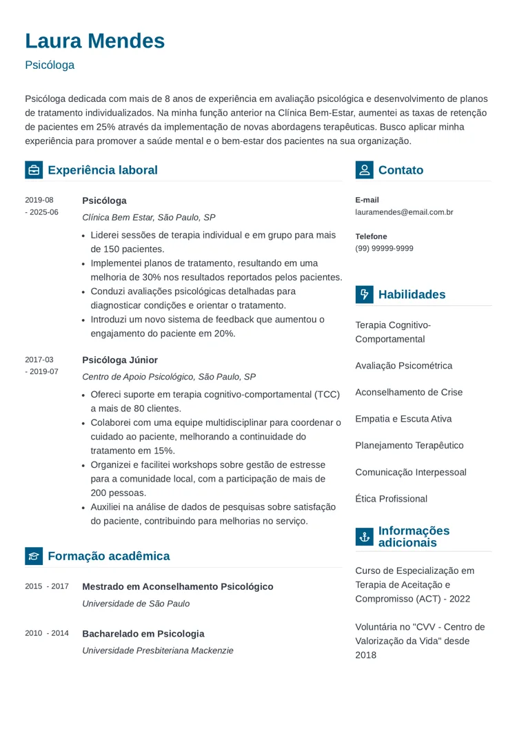 modelo de currículo de psicólogo