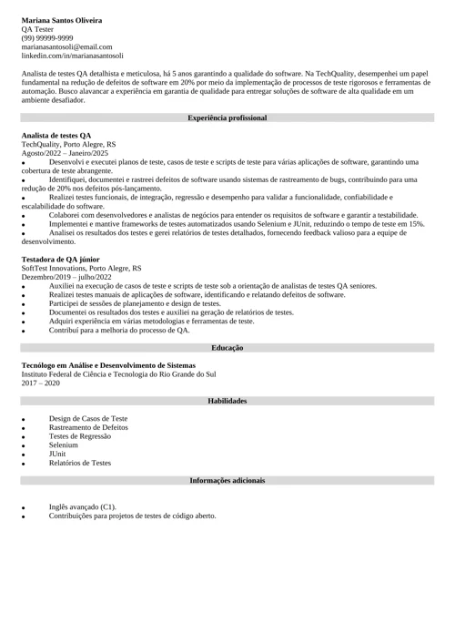 modelo de currículo de testador de software QA